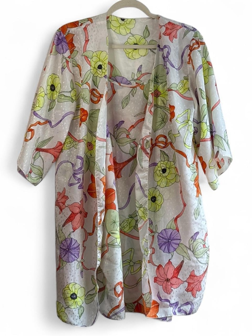 Vintage Colombine 2-Piece Lingerie Satin Floral Robe & Slip Dress Set Size M